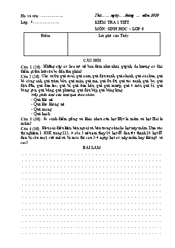 Đề kiểm tra 1 tiết môn Sinh học Lớp 6 - Năm học 2020-2021 - Trường THCS Hưng Thành (Có đáp án)