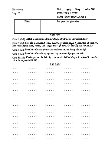 Đề kiểm tra 1 tiết môn Sinh học Lớp 9 - Năm học 2020-2021 - Trường THCS Hưng Thành (Có đáp án)