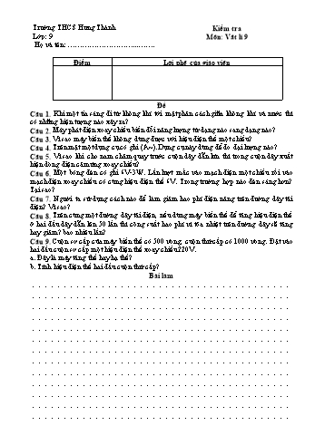 Đề kiểm tra môn Vật lí Lớp 9 - Trường THCS Hưng Thành