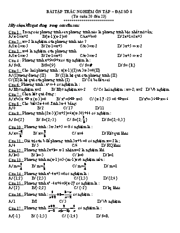 Bài tập trắc nghiệm Tuần 20 đến 23 môn Đại số Lớp 8 - Trường THCS Ngô Quang Nhã