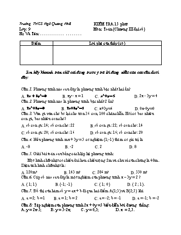 Đề kiểm tra 15 phút Chương III môn Đại số Lớp 9 - Trường THCS Ngô Quang Nhã