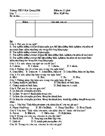 Đề kiểm tra 15 phút môn Ngữ văn Lớp 7 - Trường THCS Ngô Quang Nhã