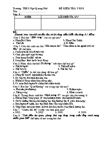 Đề kiểm tra môn Ngữ văn Lớp 8 - Trường THCS Ngô Quang Nhã