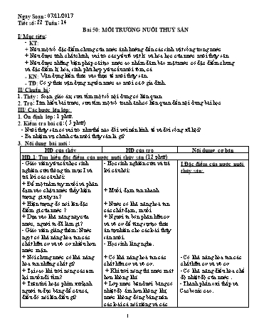 Giáo án Công nghệ Khối 7 - Tiết 22: Môi trường nuôi thuỷ sản - Năm học 2017-2018