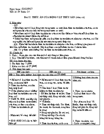 Giáo án Công nghệ Khối 7 - Tiết 24: Thức ăn của động vật thủy sản (Tôm, cá) - Năm học 2017-2018