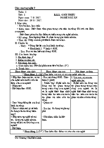 Giáo án Công nghệ Lớp 9 - Tiết 1: Giới thiệu nghề nấu ăn - Năm học 2017-2018 - Trương Thị Kiều Linh
