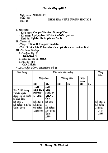 Giáo án Công nghệ Lớp 9 - Tiết 18: Kiểm tra chất lượng học kì I - Năm học 2017-2018 - Trương Thị Kiều Linh