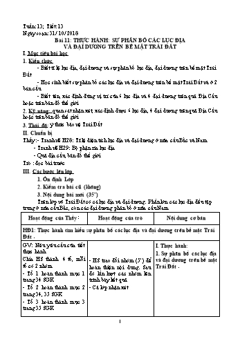 Giáo án Địa lí Lớp 6 - Tiết 13: Thực hành Sự phân bố các lục địa và đại dương trên bề mặt Trái đất - Năm học 2018-2019 - Trường THCS Ngô Quang Nhã