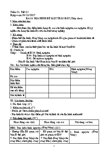 Giáo án Địa lí Lớp 6 - Tiết 16: Địa hình bề mặt Trái đất (Tiếp theo) - Năm học 2017-2018 - Trường THCS Ngô Quang Nhã