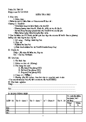 Giáo án Địa lí Lớp 6 - Tiết 18: Kiểm tra học kì II - Năm học 2018-2019 - Trường THCS Ngô Quang Nhã