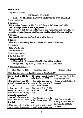 Giáo án Địa lí Lớp 6 - Tiết 2: Vị trí, hình dạng và kích thước của Trái đất - Năm học 2017-2018 - Trường THCS Ngô Quang Nhã