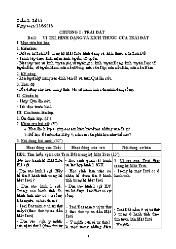 Giáo án Địa lí Lớp 6 - Tiết 2: Vị trí, hình dạng và kích thước của Trái đất - Năm học 2018-2019 - Trường THCS Ngô Quang Nhã