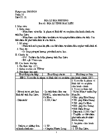 Giáo án Địa lí Lớp 9 - Tiết 51: Địa lí tỉnh Bạc Liêu - Năm học 2017-2018 - Trường THCS Ngô Quang Nhã