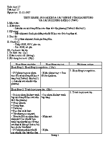 Giáo án Giáo dục công dân Lớp 7 - Tiết 17: Thực hành Ngoại khóa các vấn đề của địa phương và các nội dung đã học (Tiết 1) - Năm học 2017-2018 - Trường THCS Ngô Quang Nhã