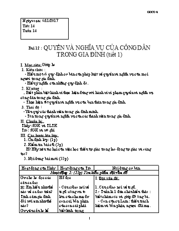 Giáo án Giáo dục công dân Lớp 8 - Bài 12: Quyền và nghĩa vụ của công dân trong gia đình (Tiết 1) - Năm học 2017-2018 - Trường THCS Ngô Quang Nhã