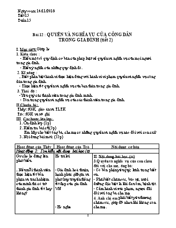 Giáo án Giáo dục công dân Lớp 8 - Bài 12: Quyền và nghĩa vụ của công dân trong gia đình (Tiết 2) - Năm học 2018-2019 - Trường THCS Ngô Quang Nhã