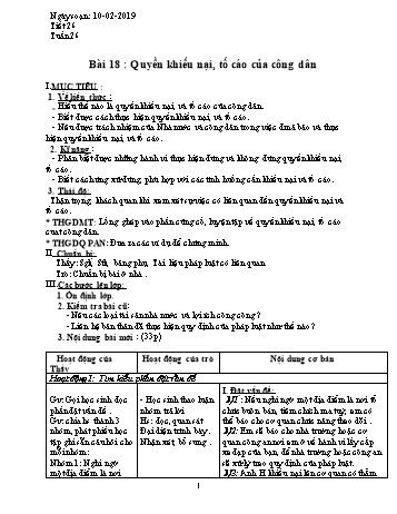 Giáo án Giáo dục công dân Lớp 8 - Bài 18: Quyền khiếu nại, tố cáo của công dân - Năm học 2018-2019 - Trường THCS Ngô Quang Nhã