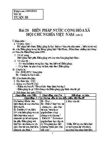 Giáo án Giáo dục công dân Lớp 8 - Bài 20: Hiến pháp nước Cộng hòa Xã hội Chủ nghĩa Việt Nam (Tiết 2) - Năm học 2017-2018 - Trường THCS Ngô Quang Nhã