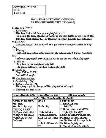 Giáo án Giáo dục công dân Lớp 8 - Bài 21: Pháp luật nước Cộng hòa Xã hội Chủ nghĩa Việt Nam (Tiết 1) - Năm học 2017-2018 - Trường THCS Ngô Quang Nhã