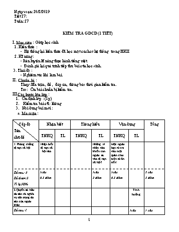 Giáo án Giáo dục công dân Lớp 8 - Tiết 27: Kiểm tra 1 tiết - Năm học 2018-2019 - Trường THCS Ngô Quang Nhã