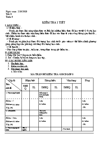 Giáo án Giáo dục công dân Lớp 8 - Tiết 9: Kiểm tra 1 tiết - Năm học 2018-2019 - Trường THCS Ngô Quang Nhã