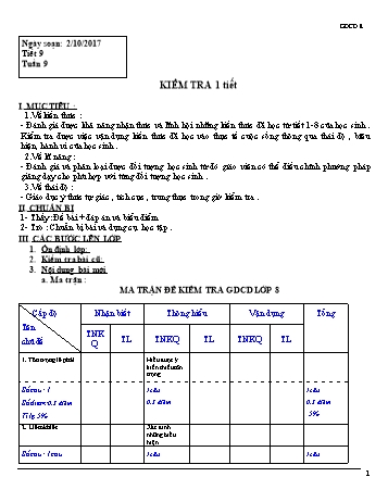 Giáo án Giáo dục công dân Lớp 8 - Tiết 9: Kiểm tra 1 tiết - Năm học 2017-2018 - Trường THCS Ngô Quang Nhã