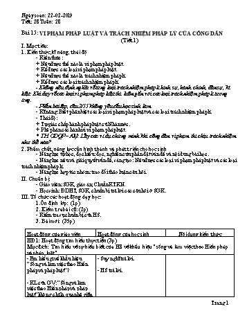 Giáo án Giáo dục công dân Lớp 9 - Bài 15: Vi phạm pháp luật và trách nhiệm pháp lý của công dân (Tiết 1) - Năm học 2018-2019 - Trường THCS Ngô Quang Nhã