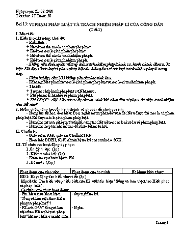 Giáo án Giáo dục công dân Lớp 9 - Bài 15: Vi phạm pháp luật và trách nhiệm pháp lí của công dân (Tiết 1) - Năm học 2019-2020 - Trường THCS Ngô Quang Nhã