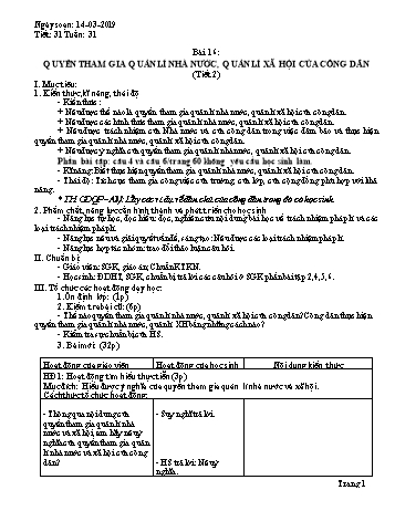 Giáo án Giáo dục công dân Lớp 9 - Bài 16: Quyền tham gia quản lí nhà nước, quản lí xã hội của công dân (Tiết 2) - Năm học 2018-2019 - Trường THCS Ngô Quang Nhã