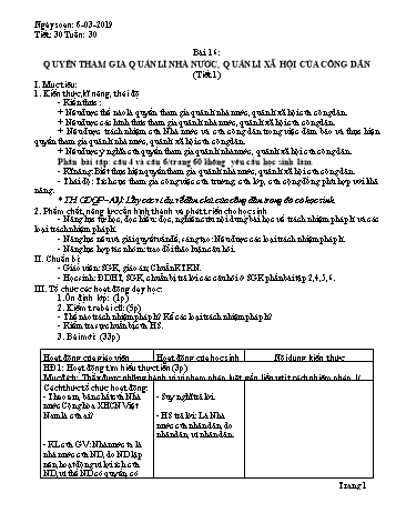 Giáo án Giáo dục công dân Lớp 9 - Bài 16: Quyền tham gia quản lí nhà nước, quản lí xã hội của công dân (Tiết 1) - Năm học 2018-2019 - Trường THCS Ngô Quang Nhã