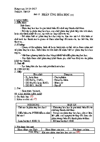 Giáo án Hóa học Lớp 8 - Tuần 10 - Năm học 2017-2018 - Trường THCS Ngô Quang Nhã