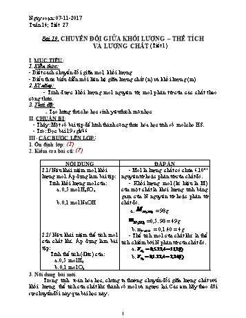 Giáo án Hóa học Lớp 8 - Tuần 14 - Năm học 2017-2018 - Trường THCS Ngô Quang Nhã