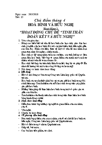Giáo án Hoạt động ngoài giờ lên lớp 7 - Chủ điểm Tháng 4: Hoà bình và hữu nghị - Năm học 2017-2018 - Trường THCS Ngô Quang Nhã