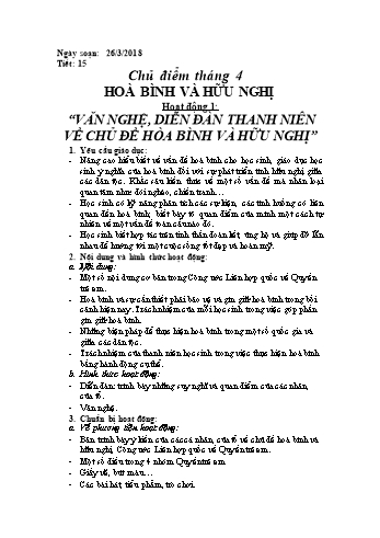 Giáo án Hoạt động ngoài giờ lên lớp 9 - Chủ điểm Tháng 4: Hòa bình và hữu nghị - Năm học 2017-2018 - Trường THCS Ngô Quang Nhã