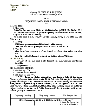 Giáo án Lịch sử Lớp 6 - Bài 17: Cuộc khởi nghĩa Hai Bà Trưng (Năm 40) - Năm học 2018-2019 - Trường THCS Ngô Quang Nhã Giáo án Lịch sử Lớp 6 - Bài 17: Cuộc khởi nghĩa Hai Bà Trưng (Năm 40) - Năm học 2018-2019 - Trường THCS Ngô Quang Nhã