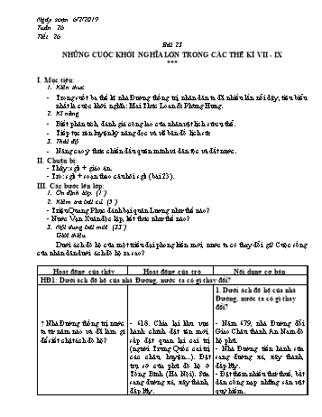 Giáo án Lịch sử Lớp 6 - Bài 23: Những cuộc khởi nghĩa lớn trong các thế kỉ VII - IX - Năm học 2018-2019 - Trường THCS Ngô Quang Nhã Giáo án Lịch sử Lớp 6 - Bài 23: Những cuộc khởi nghĩa lớn trong các thế kỉ VII - IX - Năm học 2018-2019 - Trường THCS Ngô Quang Nhã