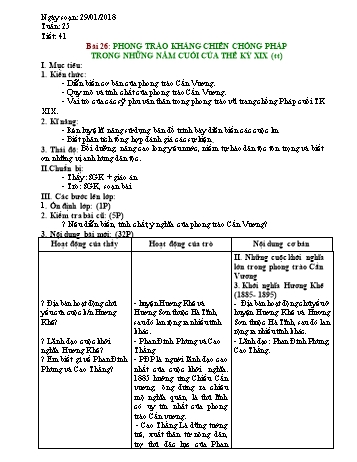 Giáo án Lịch sử Lớp 8 - Bài 26: Phong trào kháng chiến chống Pháp trong những năm cuối của thế kỉ XIX (Tiếp theo) - Năm học 2017-2018 - Trường THCS Ngô Quang Nhã