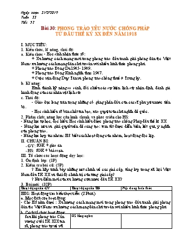 Giáo án Lịch sử Lớp 8 - Bài 30: Phong trào yêu nước chống Pháp từ đầu thế kỉ XX đến năm 1918 - Năm học 2018-2019 - Trường THCS Ngô Quang Nhã