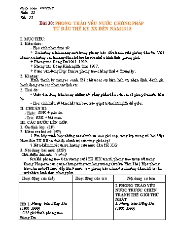 Giáo án Lịch sử Lớp 8 - Bài 30: Phong trào yêu nước chống Pháp từ đầu thế kỉ XX đến năm 1918 - Năm học 2017-2018 - Trường THCS Ngô Quang Nhã