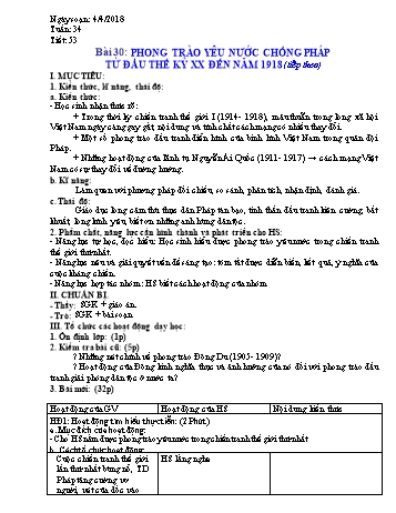 Giáo án Lịch sử Lớp 8 - Bài 30: Phong trào yêu nước chống Pháp từ đầu thế kỉ XX đến năm 1918 (Tiếp theo) - Năm học 2018-2019 - Trường THCS Ngô Quang Nhã