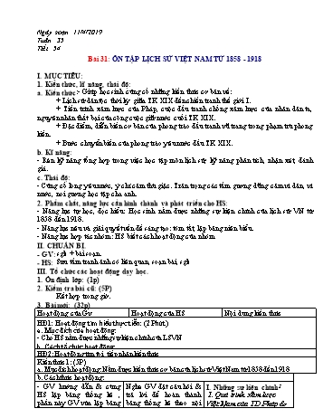 Giáo án Lịch sử Lớp 8 - Bài 31: Ôn tập lịch sử Việt Nam từ 1858-1918 - Năm học 2018-2019 - Trường THCS Ngô Quang Nhã