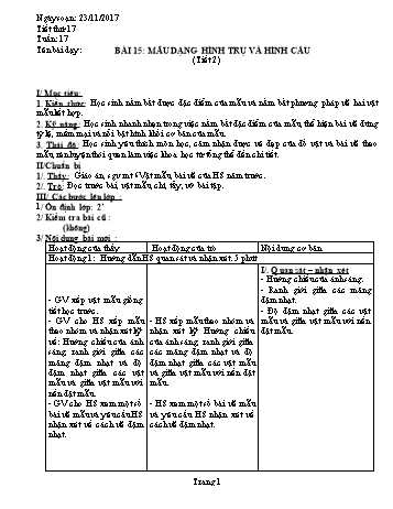 Giáo án Mĩ thuật Lớp 6 - Bài 15: Mẫu dạng hình trụ và hình cầu (Tiết 2) - Năm học 2017-2018 - Trường THCS Ngô Quang Nhã