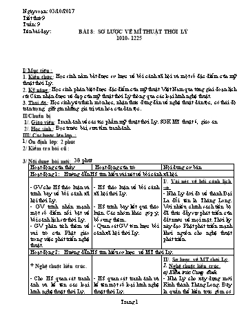 Giáo án Mĩ thuật Lớp 6 - Bài 8: Sơ lược về mĩ thuật thời Lý (1010-1225) - Năm học 2017-2018 - Trường THCS Ngô Quang Nhã