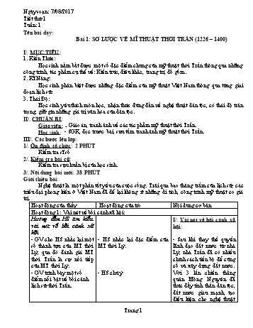 Giáo án Mĩ thuật Lớp 7 - Bài 1: Sơ lược về mĩ thuật thời Trần (1226-1400) - Năm học 2017-2018 - Trường THCS Ngô Quang Nhã