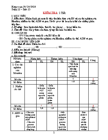 Giáo án Sinh học Lớp 9 - Tuần 12 - Năm học 2018-2019 - Trường THCS Ngô Quang Nhã