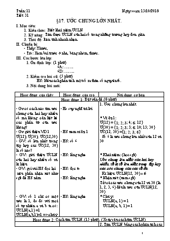 Giáo án Toán Lớp 6 - Tuần 11 - Năm học 2018-2019 - Trường THCS Ngô Quang Nhã