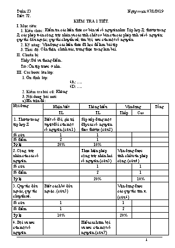 Giáo án Toán Lớp 6 - Tuần 23 - Năm học 2018-2019 - Trường THCS Ngô Quang Nhã