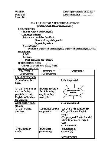 Giáo án Tiếng Anh Khối 9 - Tuần 10 - Năm học 2017-2018 - Trường THCS Ngô Quang Nhã
