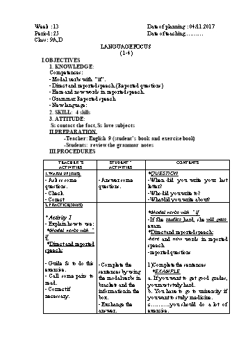 Giáo án Tiếng Anh Khối 9 - Tuần 13 - Năm học 2017-2018 - Trường THCS Ngô Quang Nhã