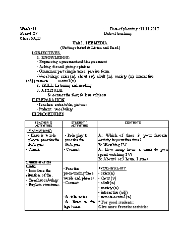 Giáo án Tiếng Anh Khối 9 - Tuần 14 - Năm học 2017-2018 - Trường THCS Ngô Quang Nhã